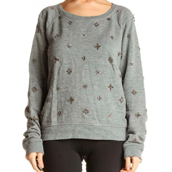 J. Crew Grey Silver Sparkle Beaded Accents Crewneck Sweatshirt Women’s S Holiday - Picture 1 of 13